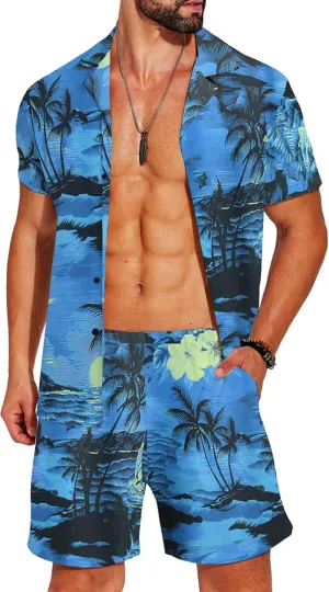 COOFANDY Men's Hawaiian Matching Shirt and Shorts Set Summer Beach 2 Piece Outfits Short Sleeve Cuban Shirts and Shorts