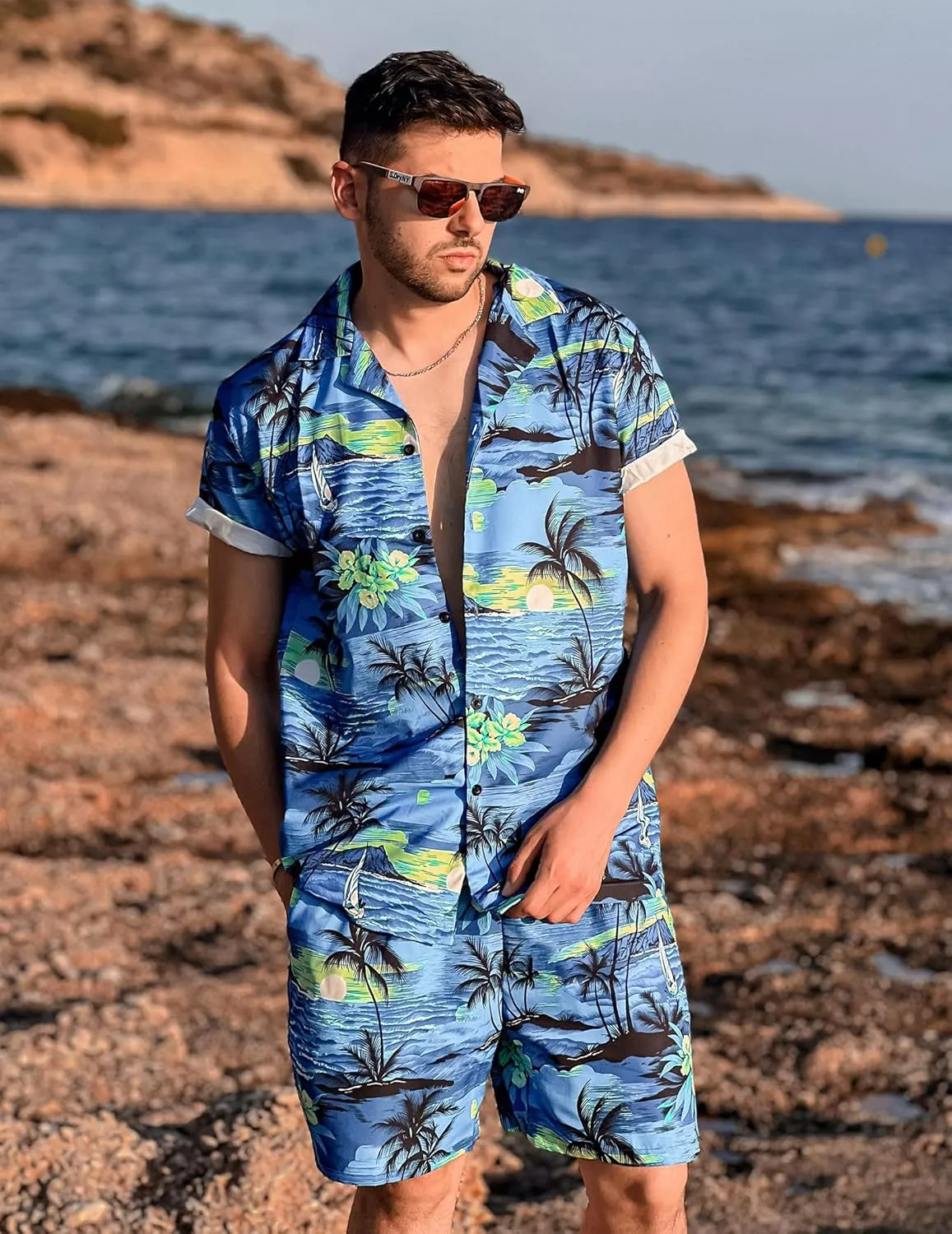 COOFANDY Men's Hawaiian Matching Shirt and Shorts Set Summer Beach 2 Piece Outfits Short Sleeve Cuban Shirts and Shorts