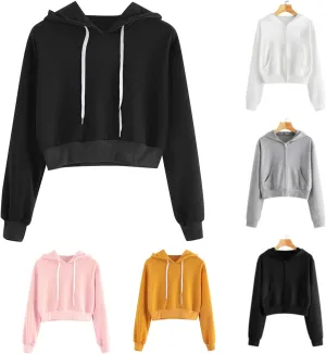 cooki Cropped Hoodies for Teen Girls Hoodies for Women Long Sleeve Solid Sweatshirts with Pockets Casual Crop Pullover Hoodie
