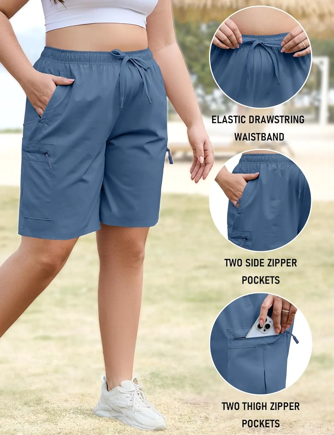 COOTRY Women's Plus Size 9'' Hiking Cargo Shorts Quick Dry Athletic Summer Shorts for Travel Golf with Zipper Pockets