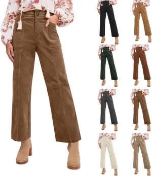 Corduroy Pants Women Straight Leg Elastic Waist Work Pants Casual Loose Ankle Jeans Vintage Teacher Pants with Pockets