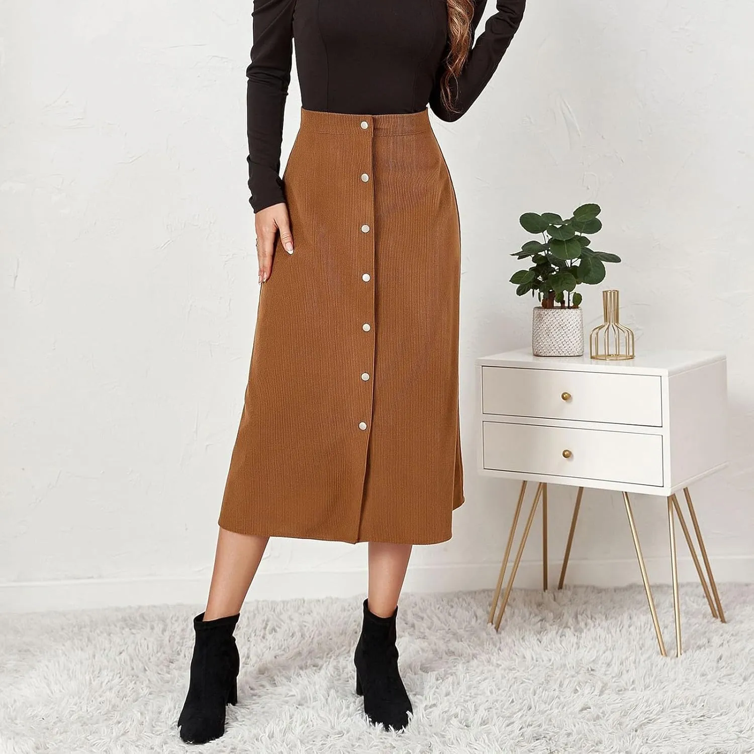 Corduroy Skirt Women High Waisted Suede Skirts Button Down A Line Midi Skirt Fall Winter Business Casual Long Skirts