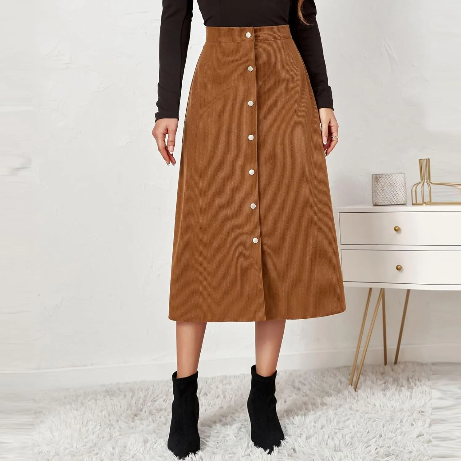 Corduroy Skirt Women High Waisted Suede Skirts Button Down A Line Midi Skirt Fall Winter Business Casual Long Skirts