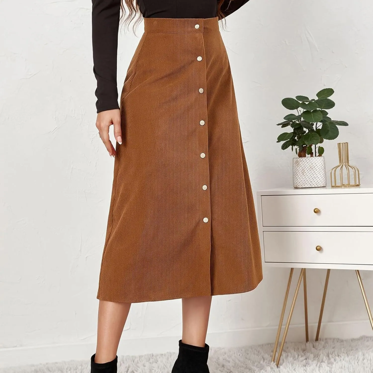 Corduroy Skirt Women High Waisted Suede Skirts Button Down A Line Midi Skirt Fall Winter Business Casual Long Skirts