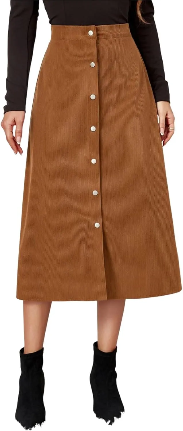 Corduroy Skirt Women High Waisted Suede Skirts Button Down A Line Midi Skirt Fall Winter Business Casual Long Skirts