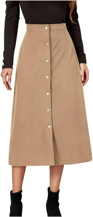 COTECRAM Corduroy Skirt Women Trendy Fall Winter High Waist Button Down A-Line Midi Skirts Dressy Casual Work Office Dresses