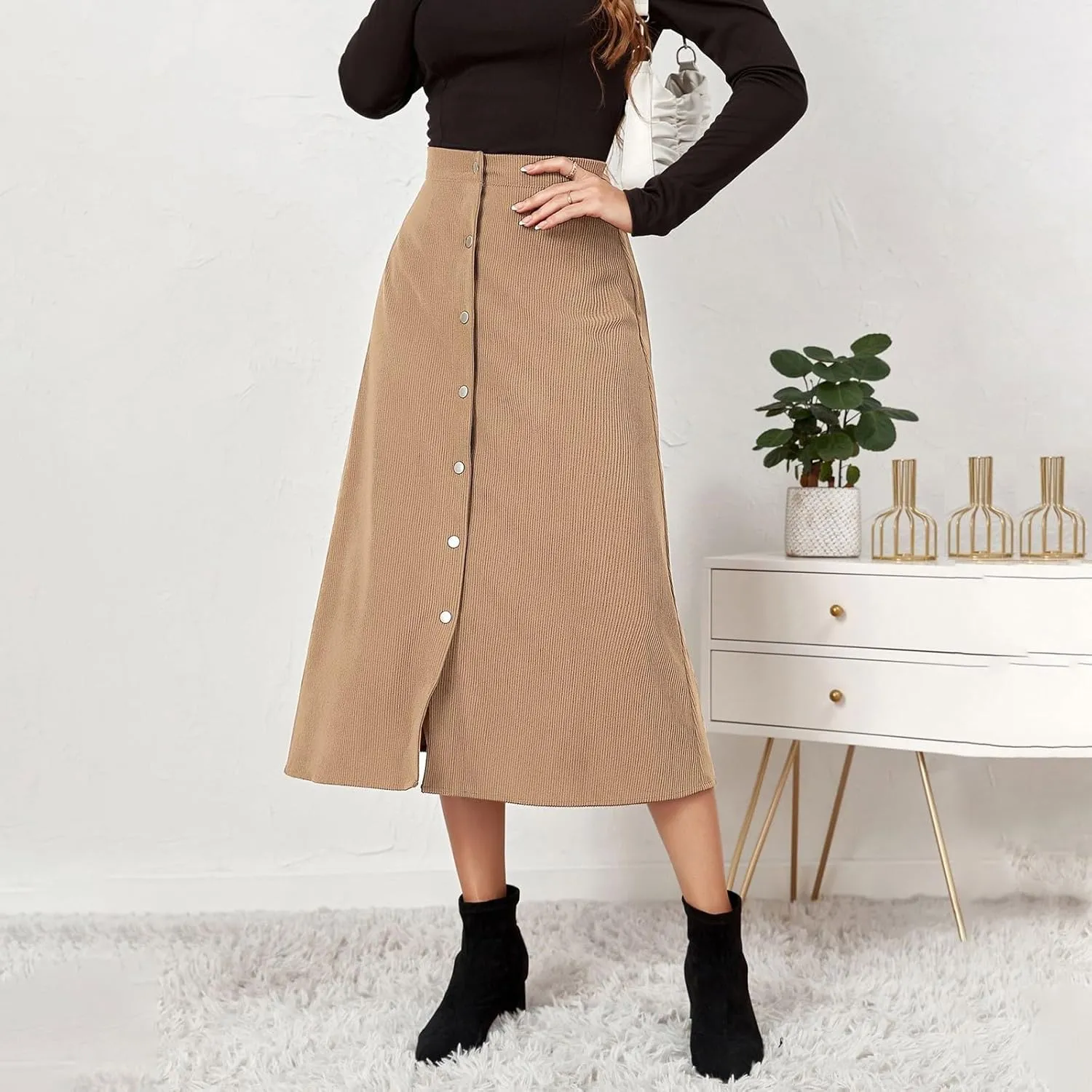 COTECRAM Corduroy Skirt Women Trendy Fall Winter High Waist Button Down A-Line Midi Skirts Dressy Casual Work Office Dresses