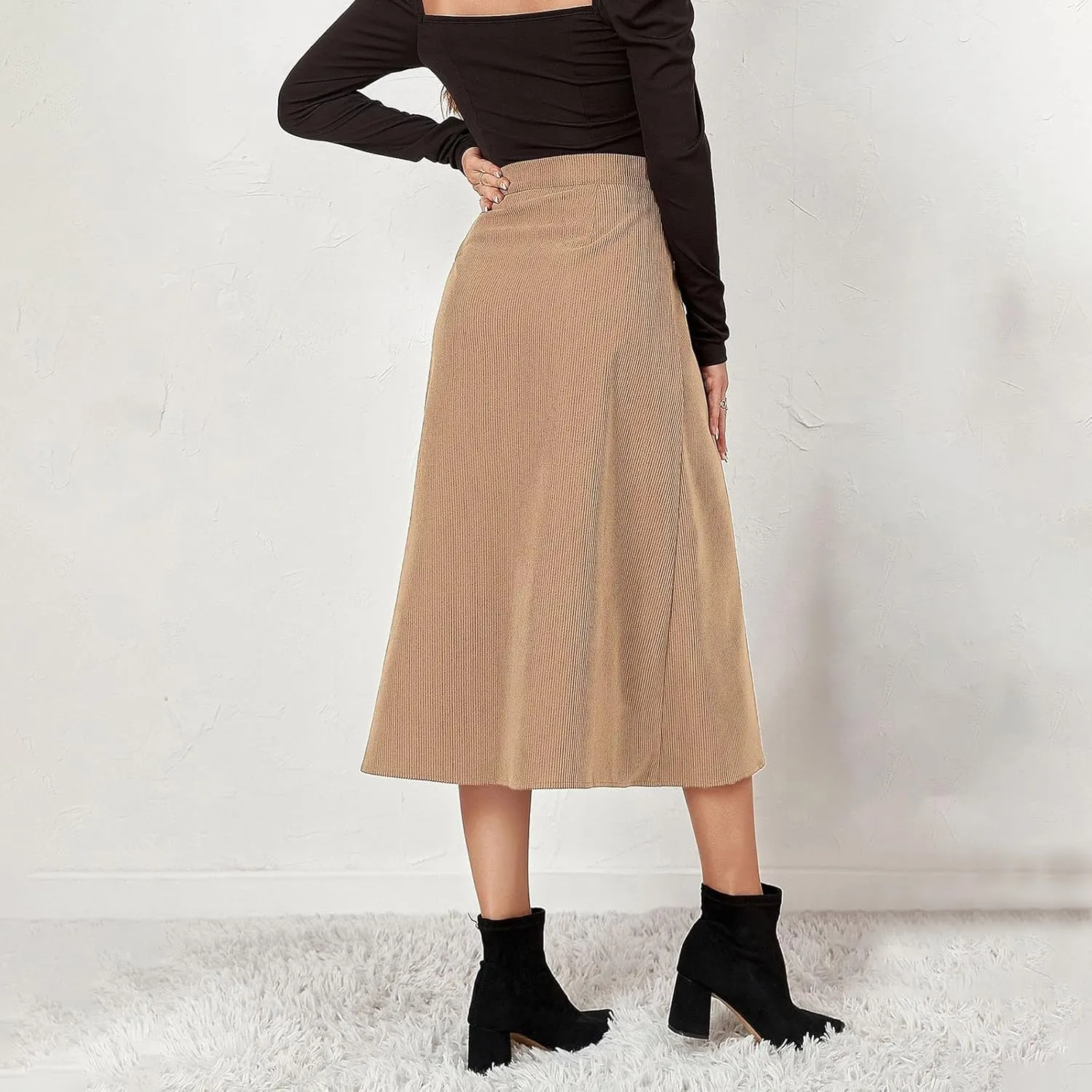 COTECRAM Corduroy Skirt Women Trendy Fall Winter High Waist Button Down A-Line Midi Skirts Dressy Casual Work Office Dresses