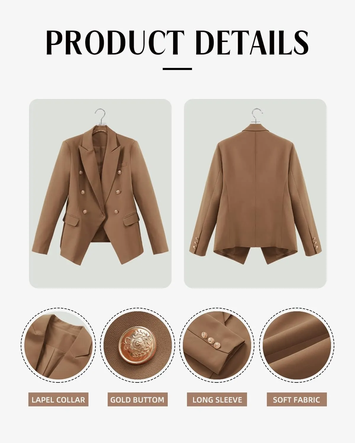 CRAZY GRID Womens Casual Blazer Jacket Gold Button Long Sleeve Work 0ffice Blazer Lapel Jacket