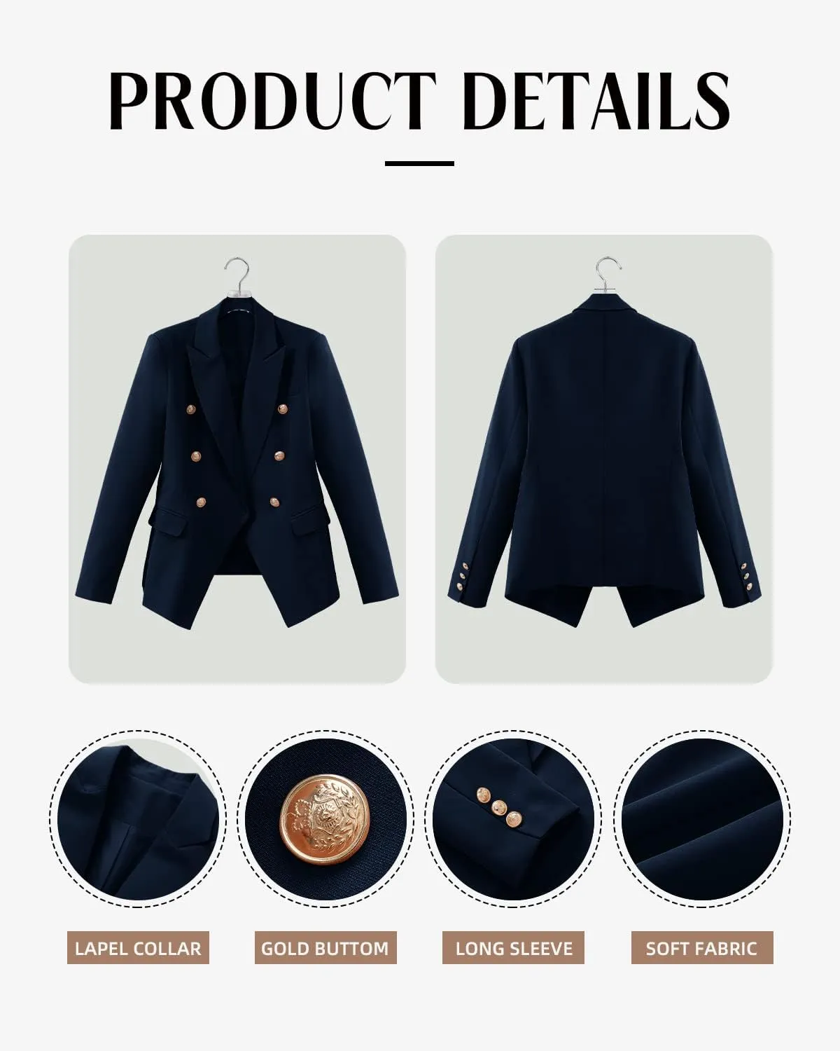 CRAZY GRID Womens Casual Blazer Jacket Gold Button Long Sleeve Work 0ffice Blazer Lapel Jacket