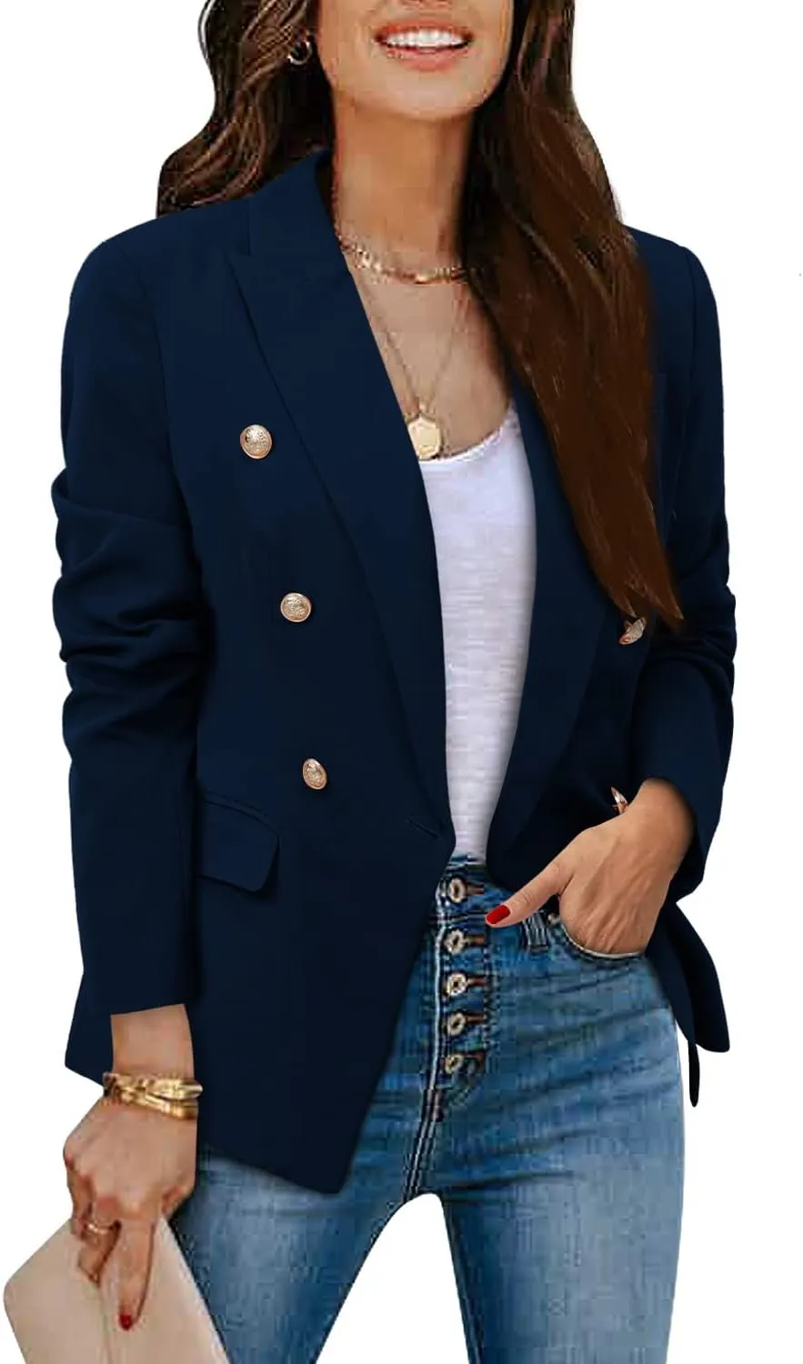 CRAZY GRID Womens Casual Blazer Jacket Gold Button Long Sleeve Work 0ffice Blazer Lapel Jacket