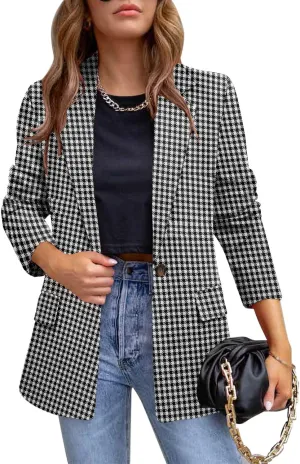 CRAZY GRID Womens Casual Blazer Jacket Long Sleeve Open Front Work Office Blazer Lapel Button Jacket