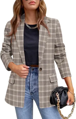 CRAZY GRID Womens Casual Blazer Jacket Long Sleeve Open Front Work Office Blazer Lapel Button Jacket