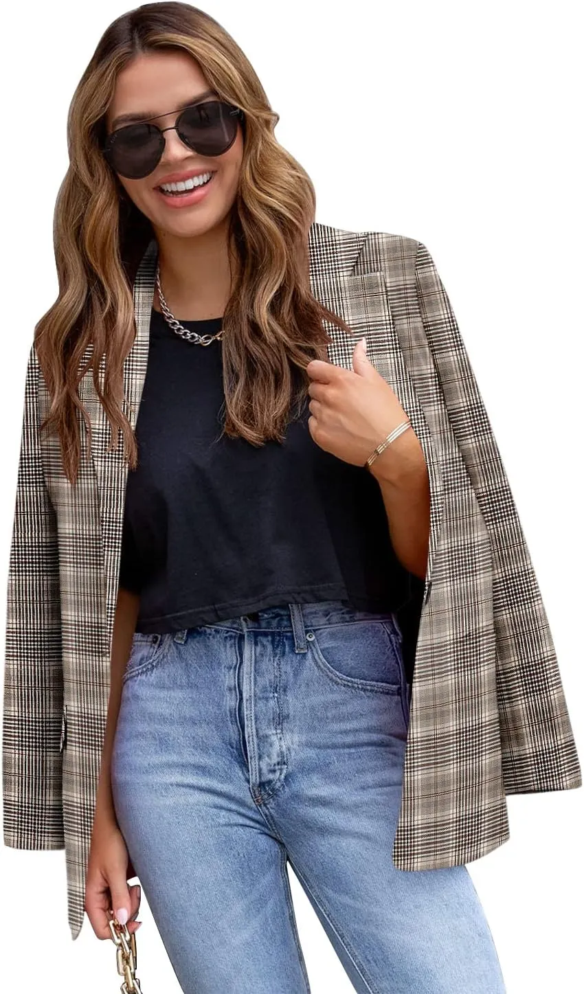 CRAZY GRID Womens Casual Blazer Jacket Long Sleeve Open Front Work Office Blazer Lapel Button Jacket