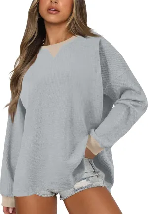 Crewneck Oversized Sweatshirt for Women Waffle Knit Long Sleeve Comfort Hoodie Athleisure Color Block Pullover Sweater