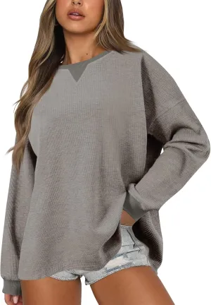 Crewneck Oversized Sweatshirt for Women Waffle Knit Long Sleeve Comfort Hoodie Athleisure Color Block Pullover Sweater