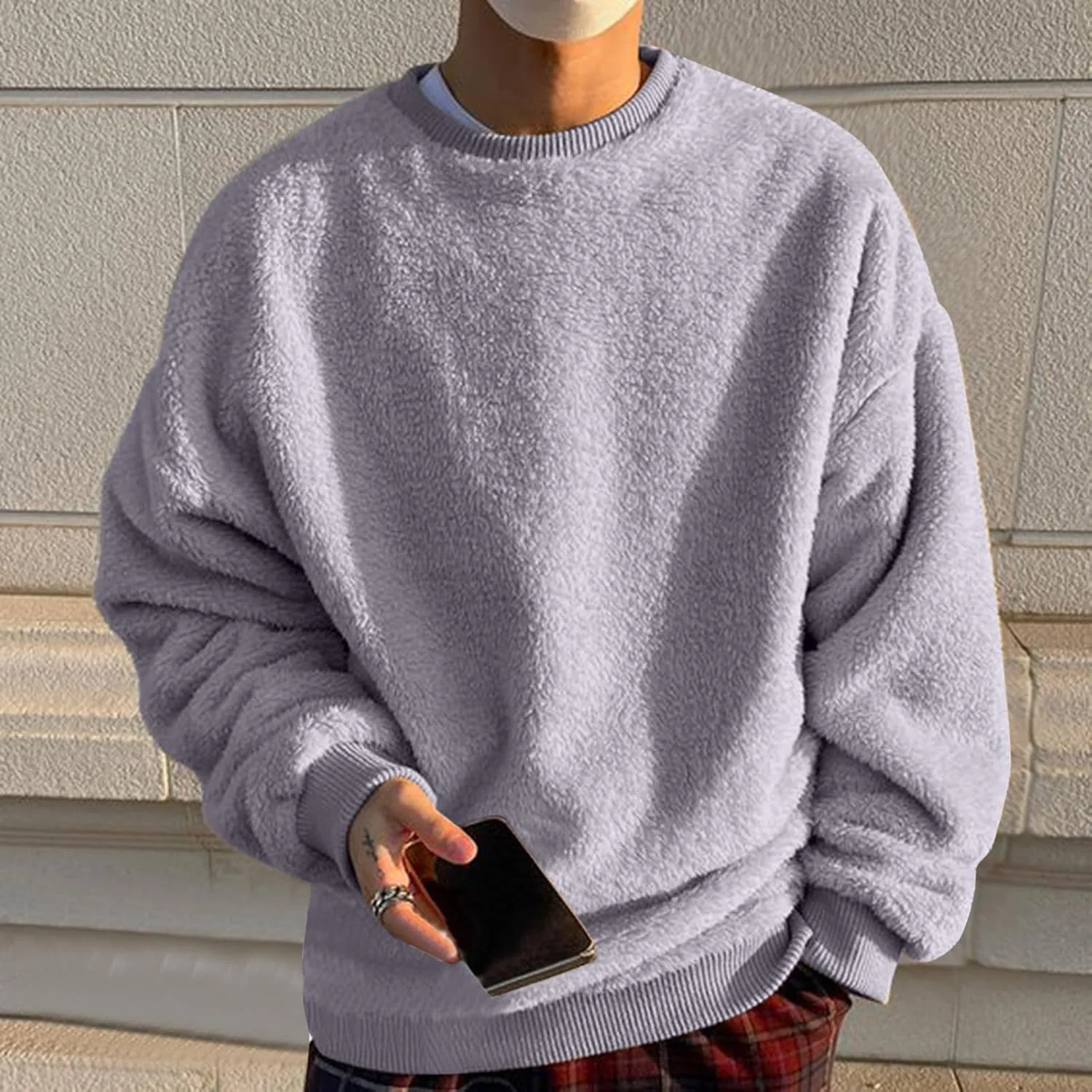 Crewneck Sweatshirt for Men Oversized Solid Color Sherpa Lined Fleece Shirts Long Sleeve Pullover Tops Trendy Clothes