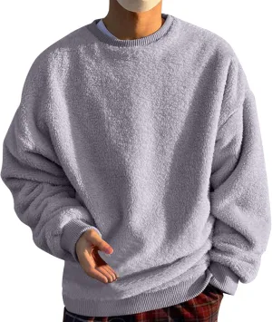 Crewneck Sweatshirt for Men Oversized Solid Color Sherpa Lined Fleece Shirts Long Sleeve Pullover Tops Trendy Clothes