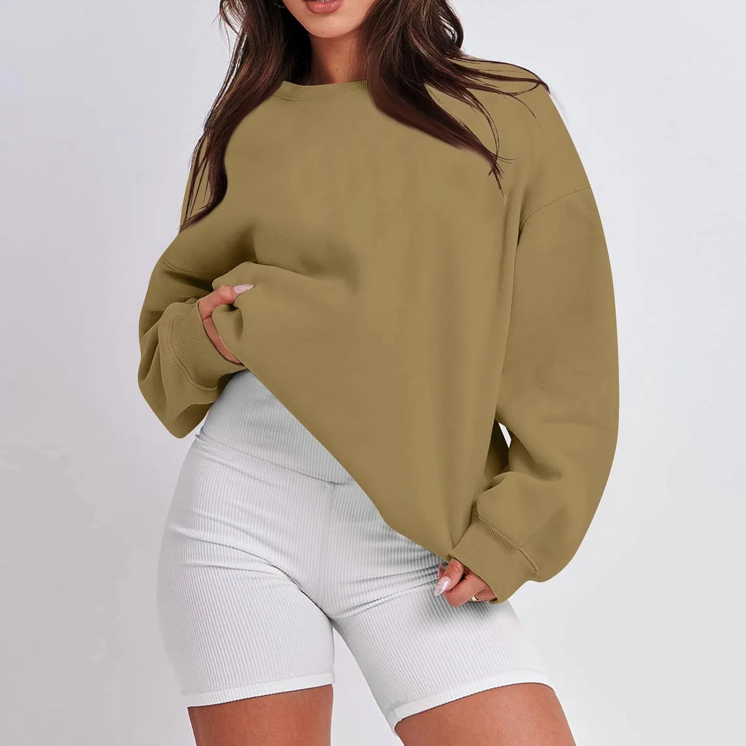 Crewneck Sweatshirts Women Trendy Drop Shoulder Cute Oversized Sweatshirt Comfy Long Sleeve Fleece Pullover Sweater