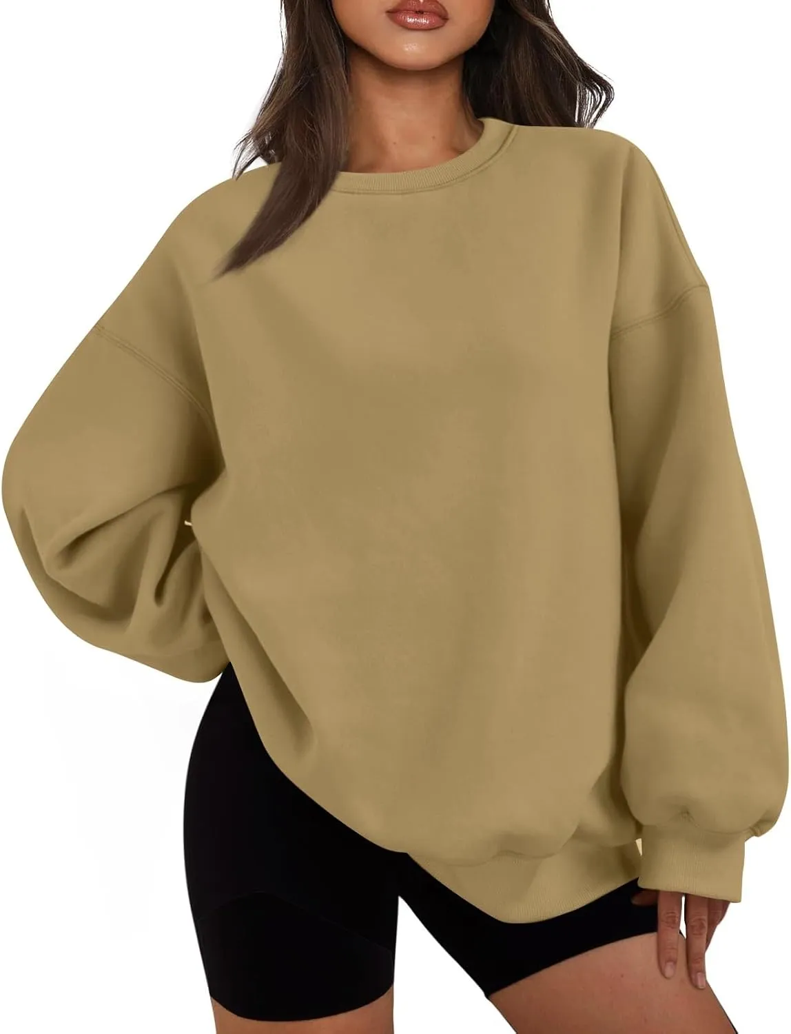 Crewneck Sweatshirts Women Trendy Drop Shoulder Cute Oversized Sweatshirt Comfy Long Sleeve Fleece Pullover Sweater