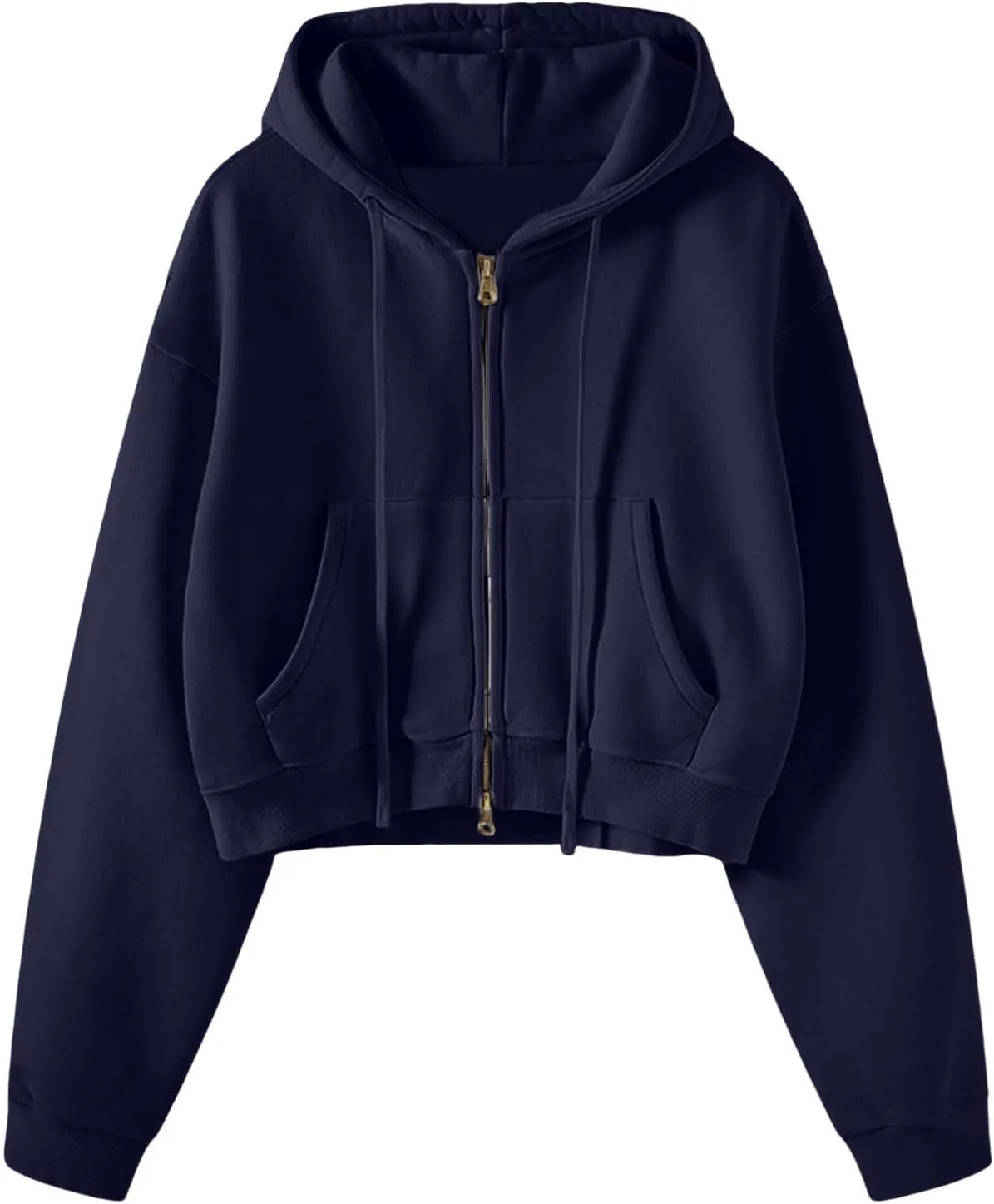Cropped Zip Hoodie for Women Oversized Drawstring Jacket 2024 Fall Fashion Teens Long Sleeve Sweatshirt with Pocket