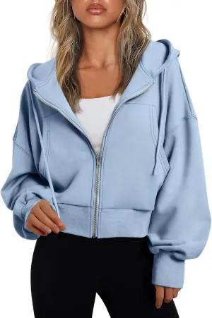 Cropped Zip Up Hoodie Women 2024 Trendy Fleece Crop Jacket Preppy Hooded Sweatshirt Y2k Cute Hoodies for Teen Girls