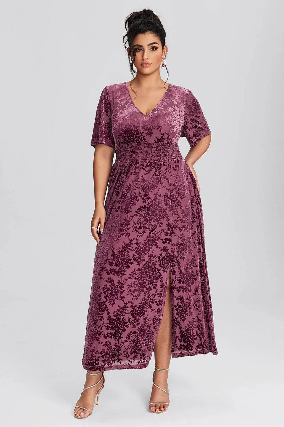 Curveins Plus Size Mauve Velvet Floral Maxi Dress