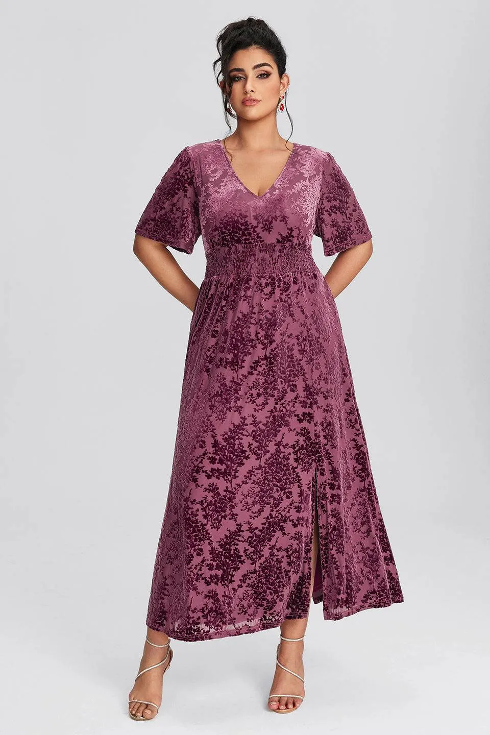 Curveins Plus Size Mauve Velvet Floral Maxi Dress