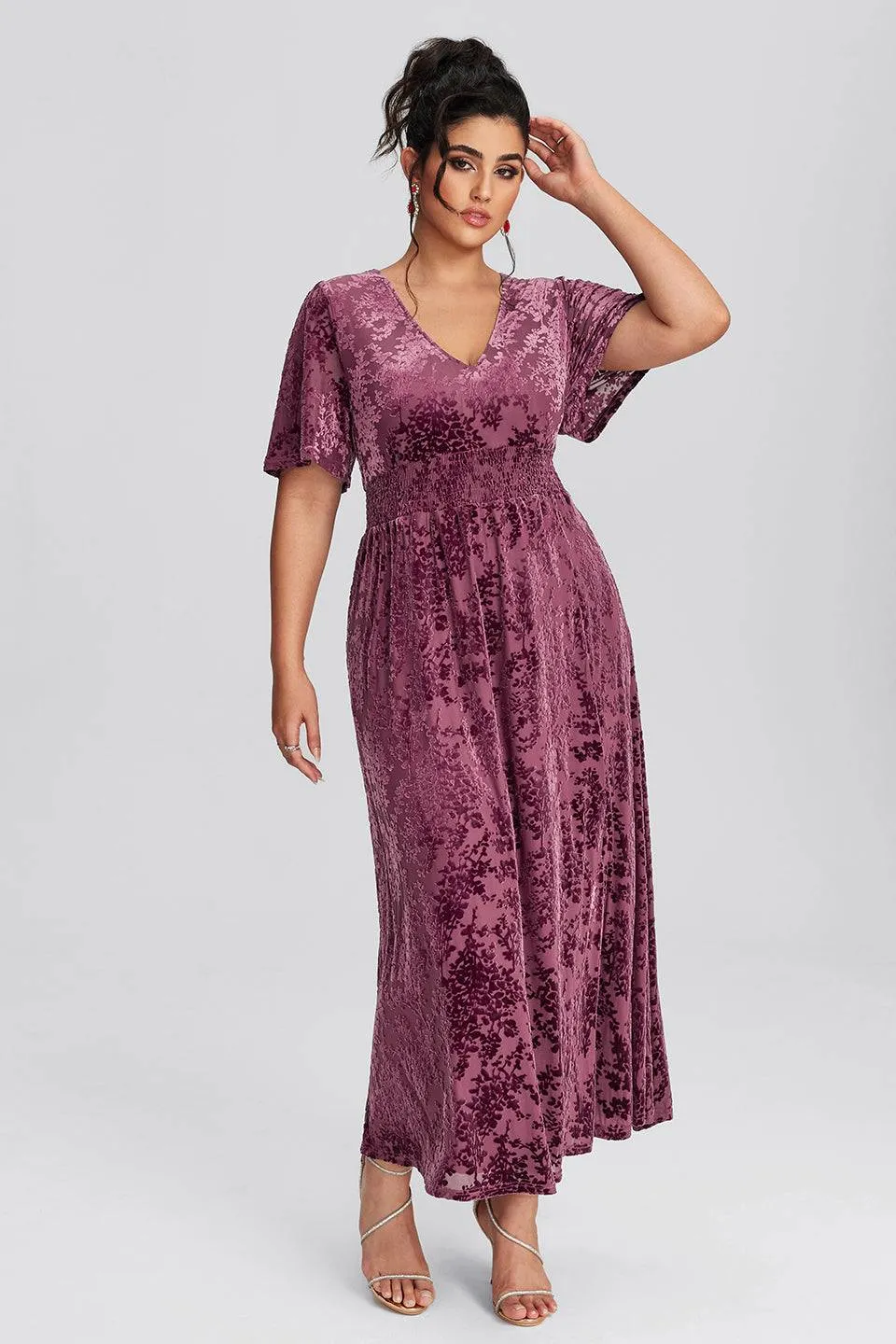 Curveins Plus Size Mauve Velvet Floral Maxi Dress