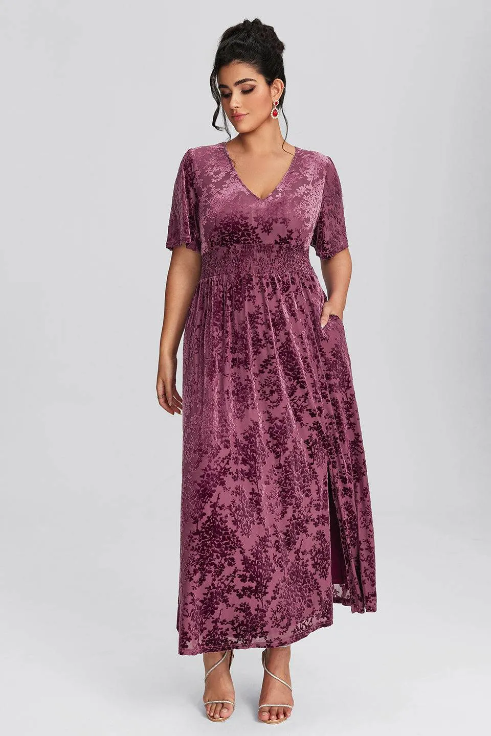 Curveins Plus Size Mauve Velvet Floral Maxi Dress