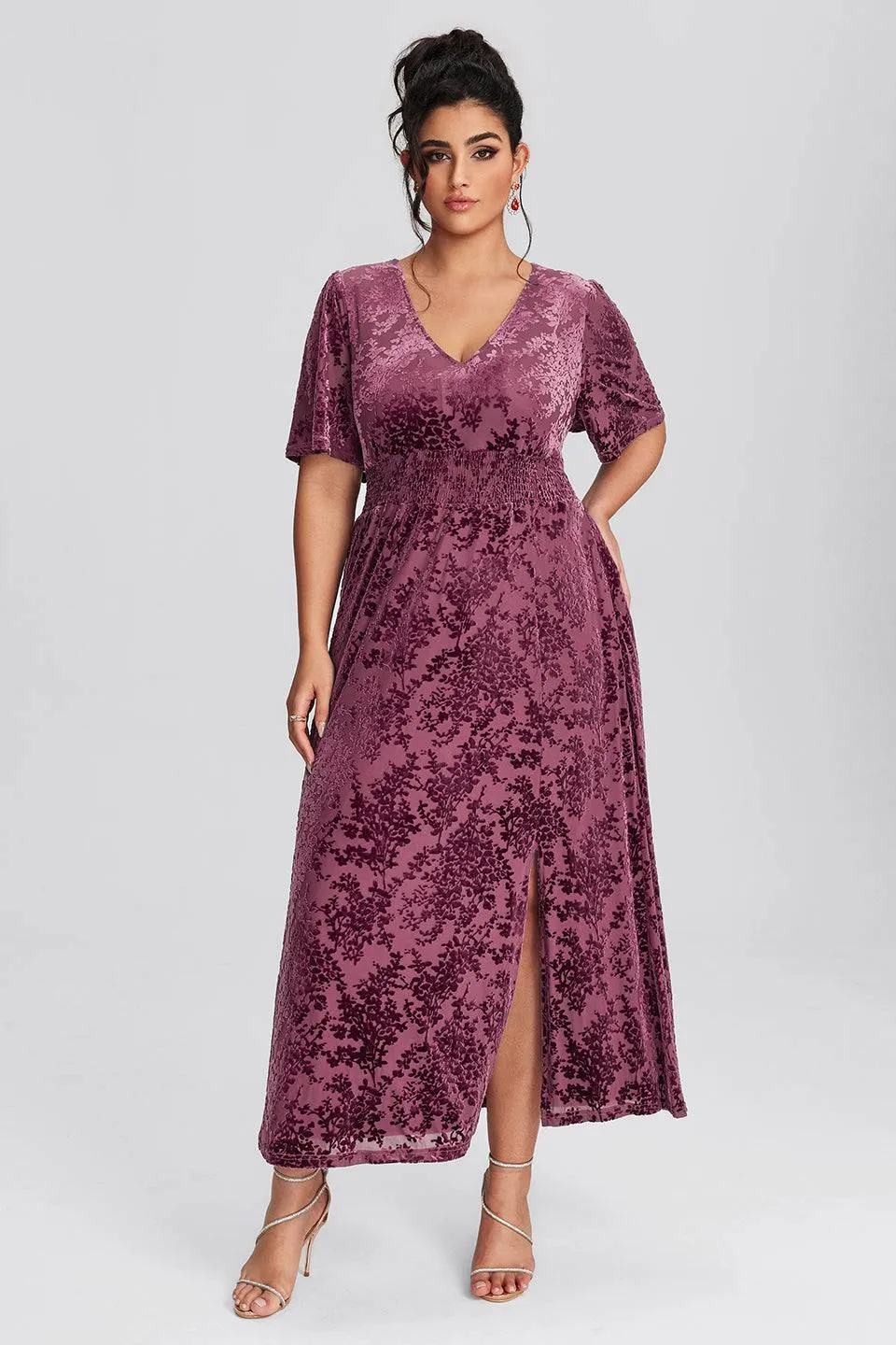 Curveins Plus Size Mauve Velvet Floral Maxi Dress