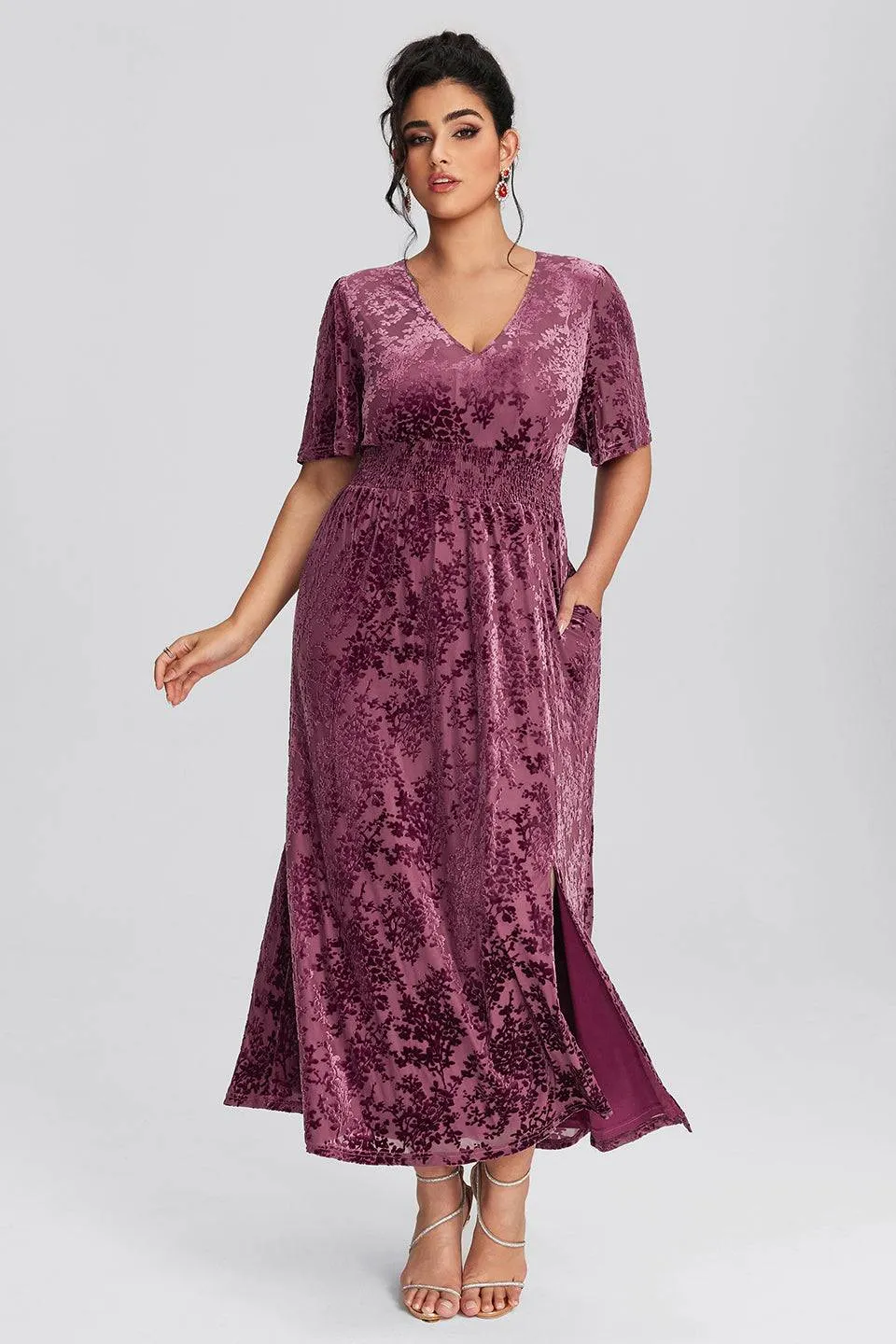 Curveins Plus Size Mauve Velvet Floral Maxi Dress