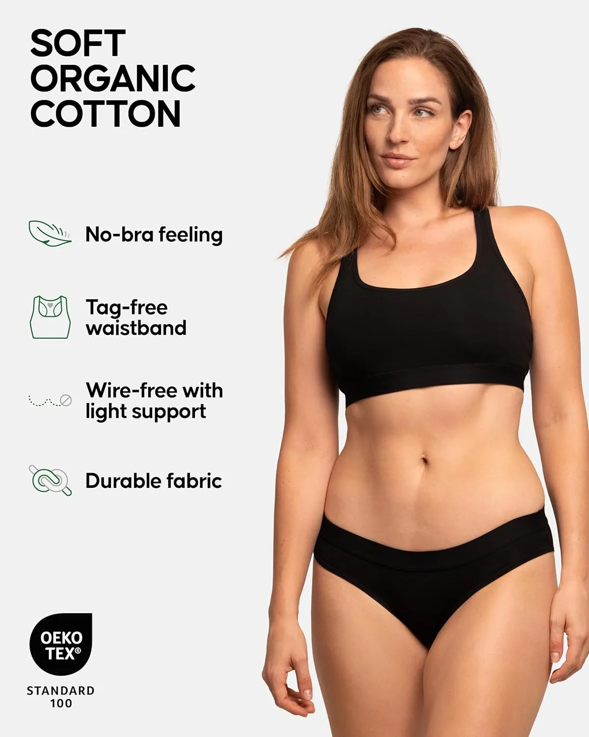DANISH ENDURANCE Bralettes for Women, Organic Cotton Underwear, Seamless Bra, Wireless Bras, Racer Back, 3 or 5 Pack