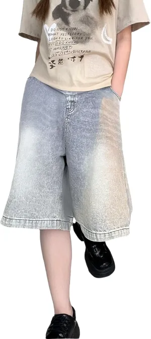 Denim Bermuda Shorts for Women Knee Length Baggy Jean Shorts Vintage Straight Leg Plus Size Jeans Jorts with Pockets