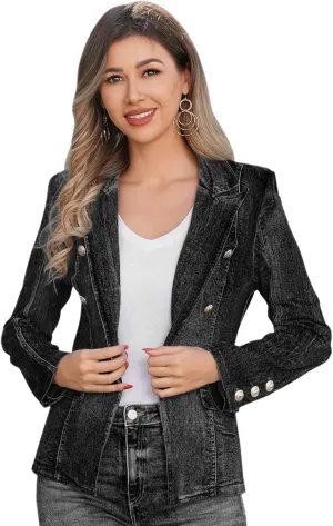 Denim Blazer Suit for Women Casual Jacket Button Down Early Spring Fall Work Office Business Blazer