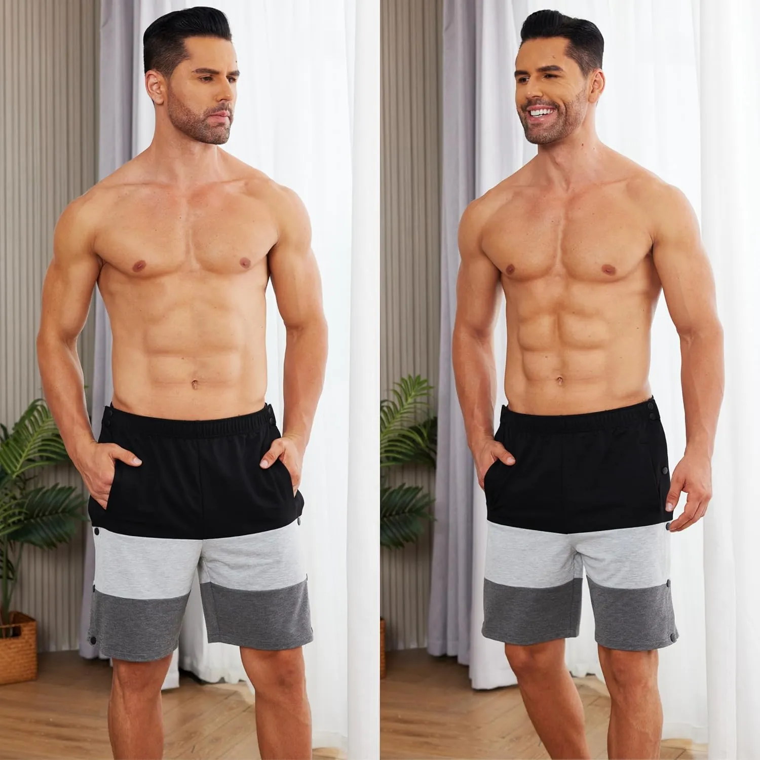 Deyeek Mens Tear Away Shorts Post Surgery Recovery Side Snap Shorts Color Block Cotton Break Away Pants with Pockets