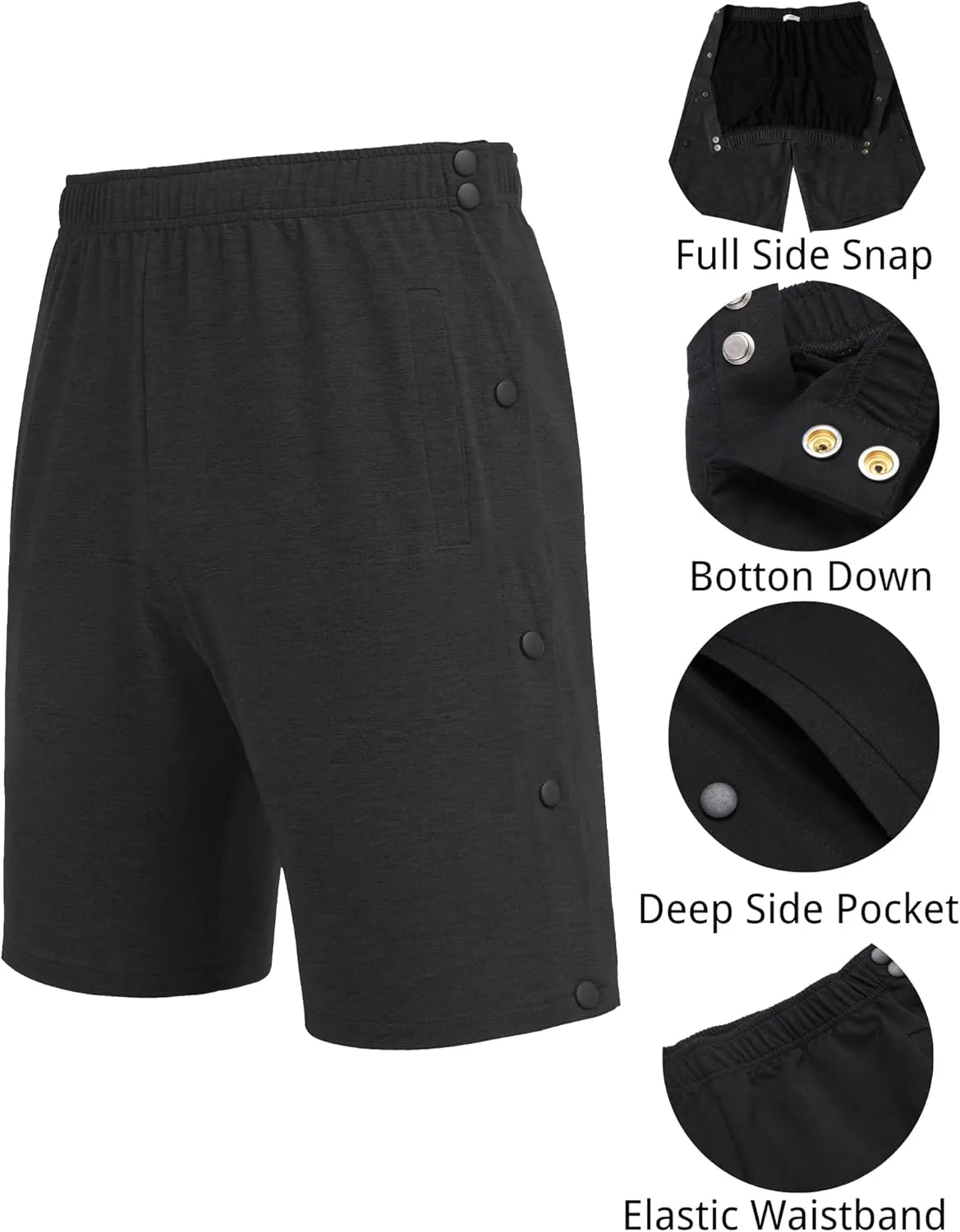 Deyeek Mens Tear Away Shorts Post Surgery Recovery Side Snap Shorts Color Block Cotton Break Away Pants with Pockets