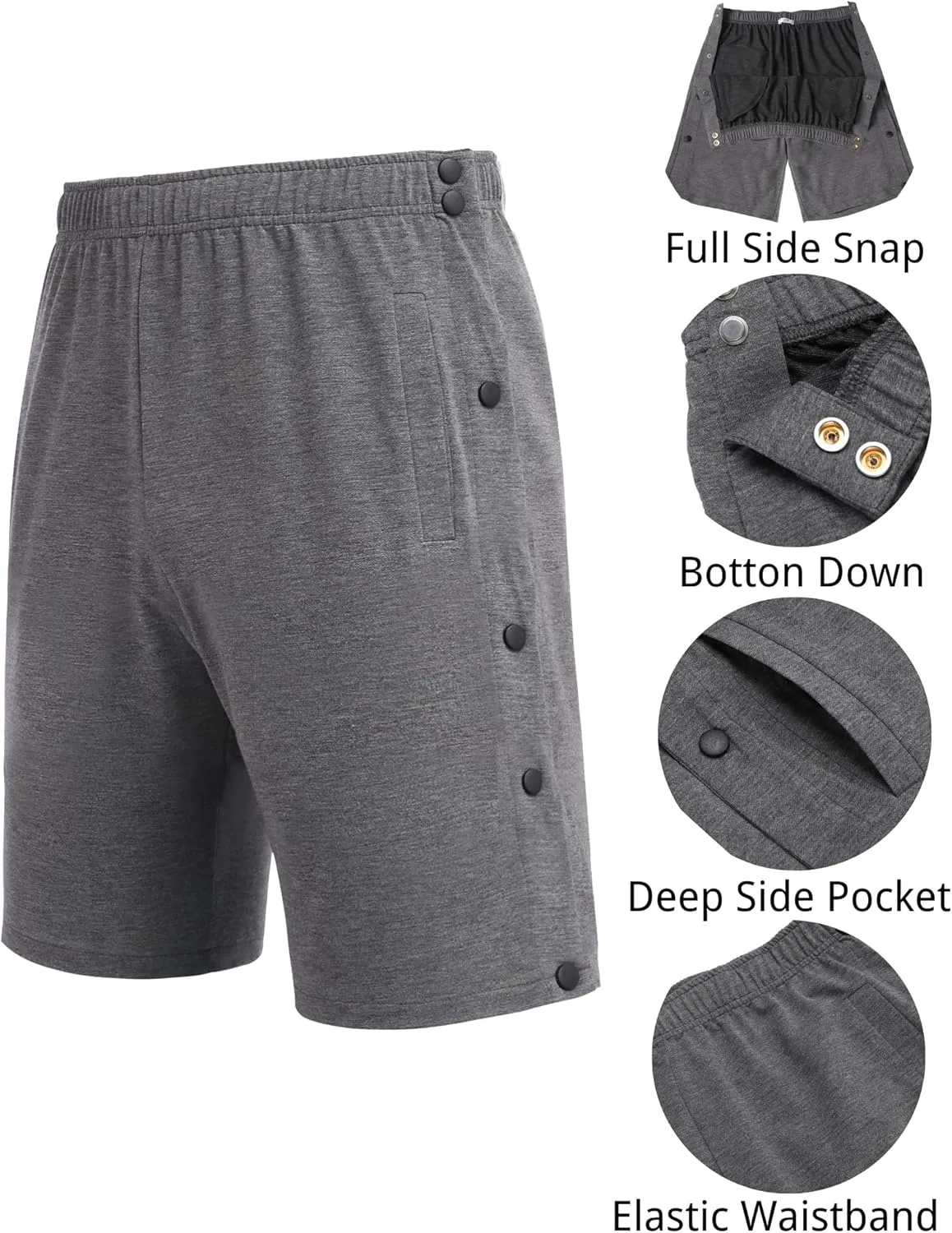 Deyeek Mens Tear Away Shorts Post Surgery Recovery Side Snap Shorts Color Block Cotton Break Away Pants with Pockets