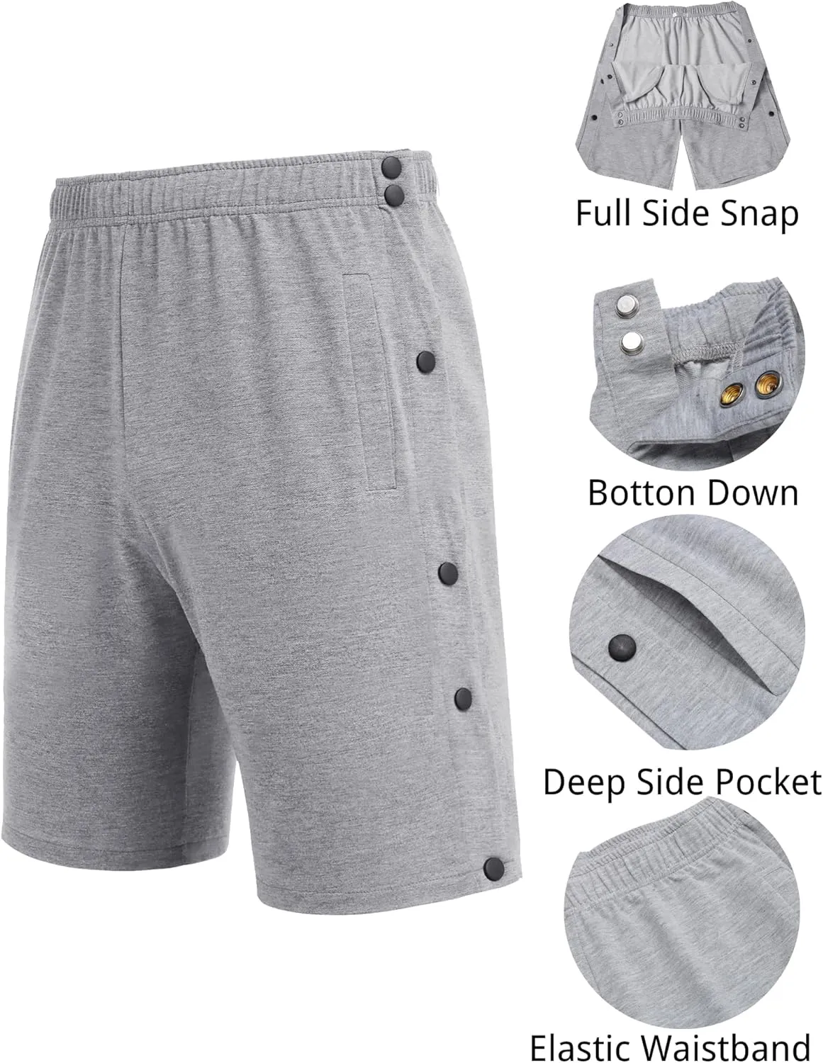 Deyeek Mens Tear Away Shorts Post Surgery Recovery Side Snap Shorts Color Block Cotton Break Away Pants with Pockets