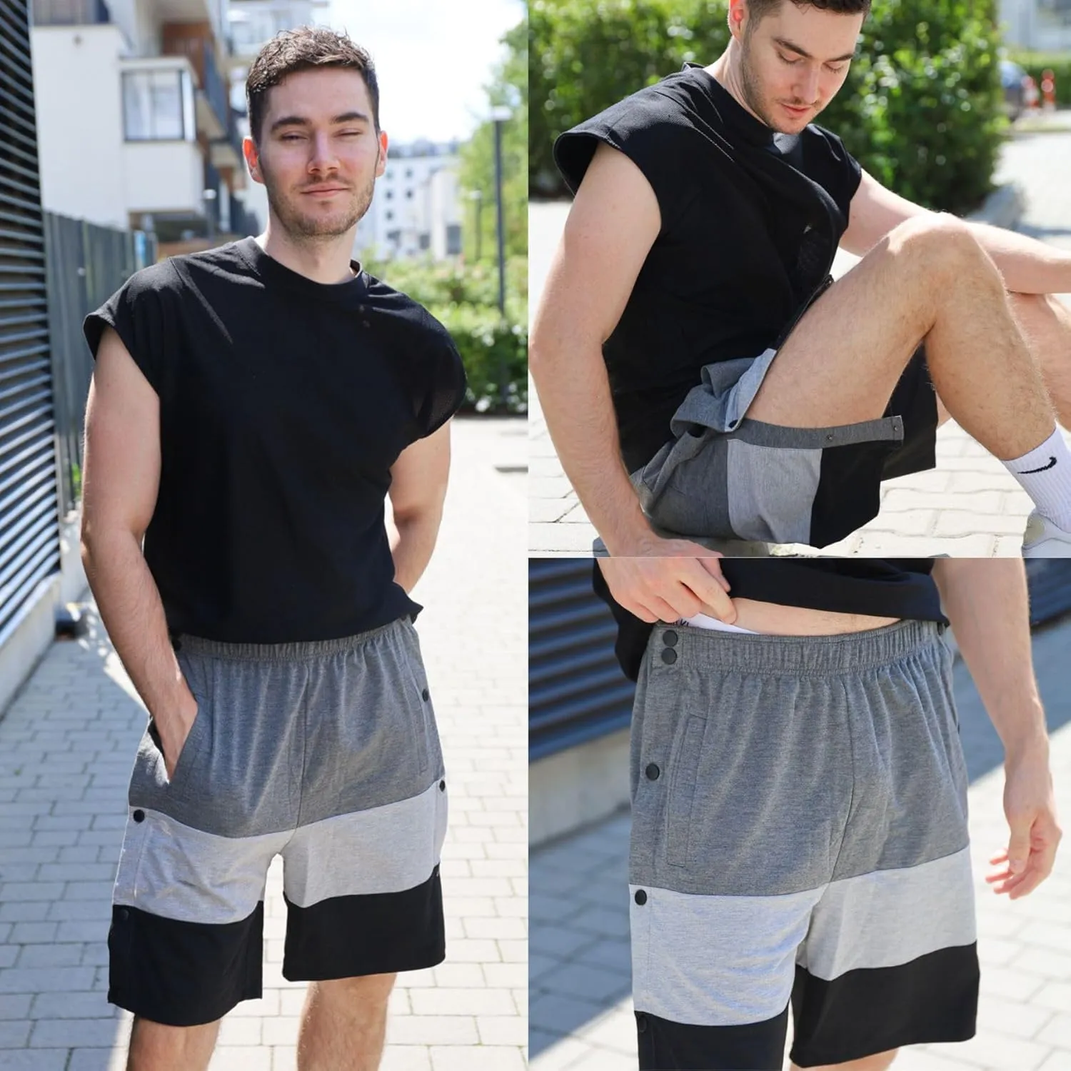 Deyeek Mens Tear Away Shorts Post Surgery Recovery Side Snap Shorts Color Block Cotton Break Away Pants with Pockets