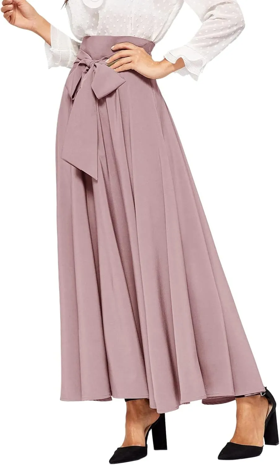 Dressy Skirts for Women Flowy Ruffle Swing High Waisted Bow Front Pleated Maxi Skirts Fall Business Work Suit Dresses
