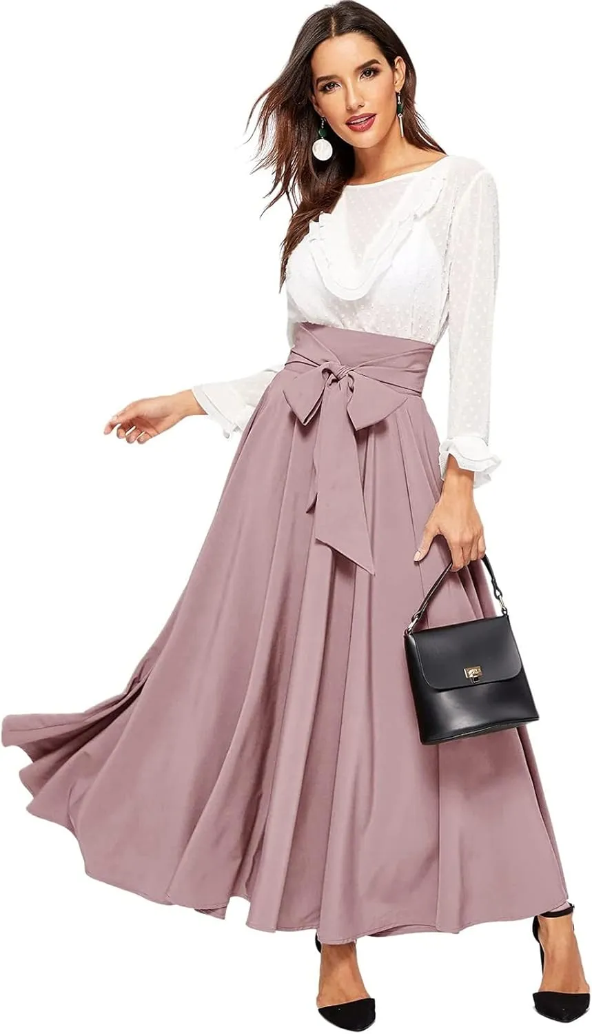Dressy Skirts for Women Flowy Ruffle Swing High Waisted Bow Front Pleated Maxi Skirts Fall Business Work Suit Dresses