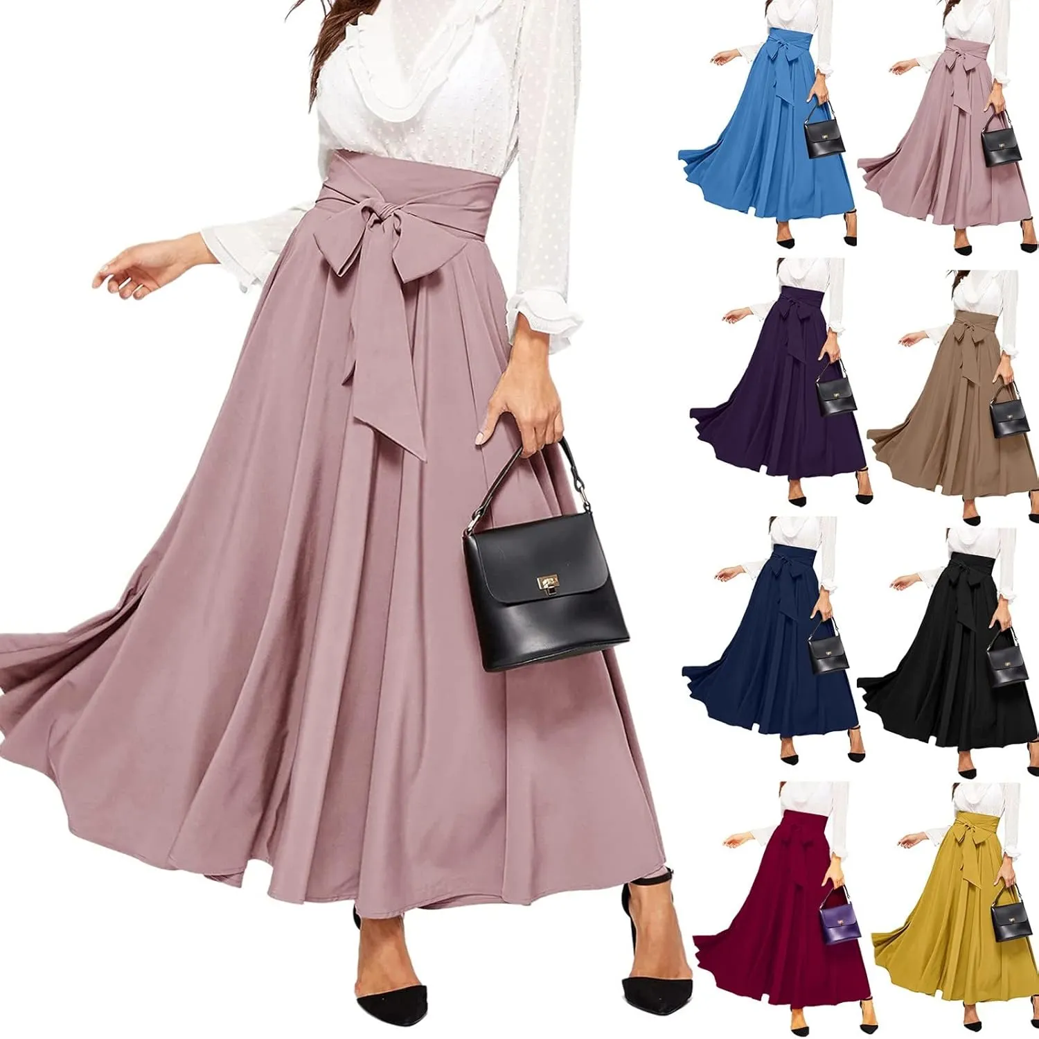Dressy Skirts for Women Flowy Ruffle Swing High Waisted Bow Front Pleated Maxi Skirts Fall Business Work Suit Dresses