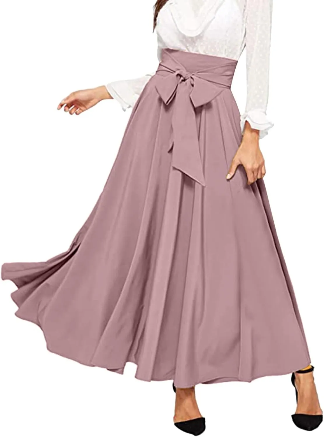 Dressy Skirts for Women Flowy Ruffle Swing High Waisted Bow Front Pleated Maxi Skirts Fall Business Work Suit Dresses