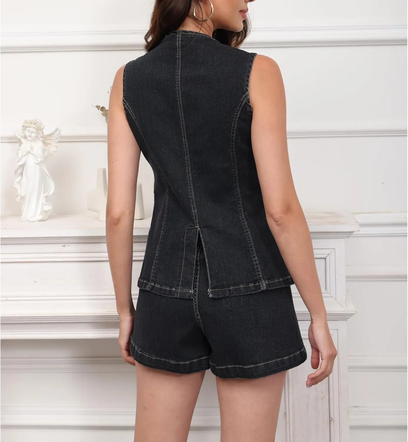 ECHOINE Women's Denim 2 Piece Set Sleeveless Blazer Vest Tops and Jeans Shorts Outfit Casual Business Suits