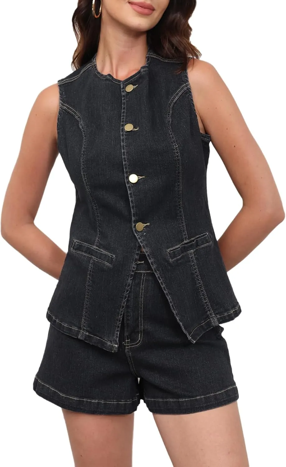 ECHOINE Women's Denim 2 Piece Set Sleeveless Blazer Vest Tops and Jeans Shorts Outfit Casual Business Suits