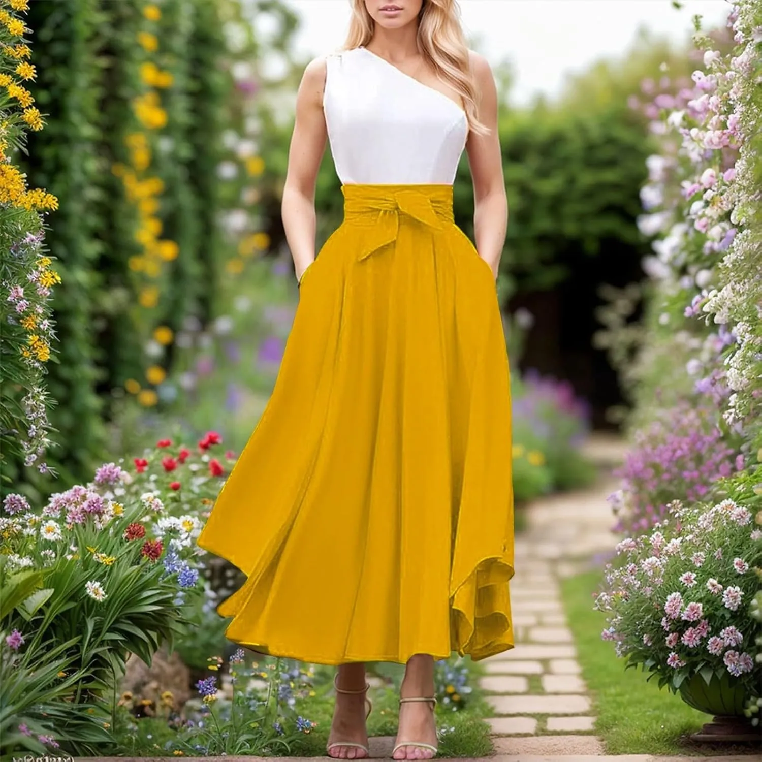 Elegant High Waist Skirt for Women Casual Bohemian Maxi Skirt with Pockets Asymmetrical Hem Womens Denim Skirts