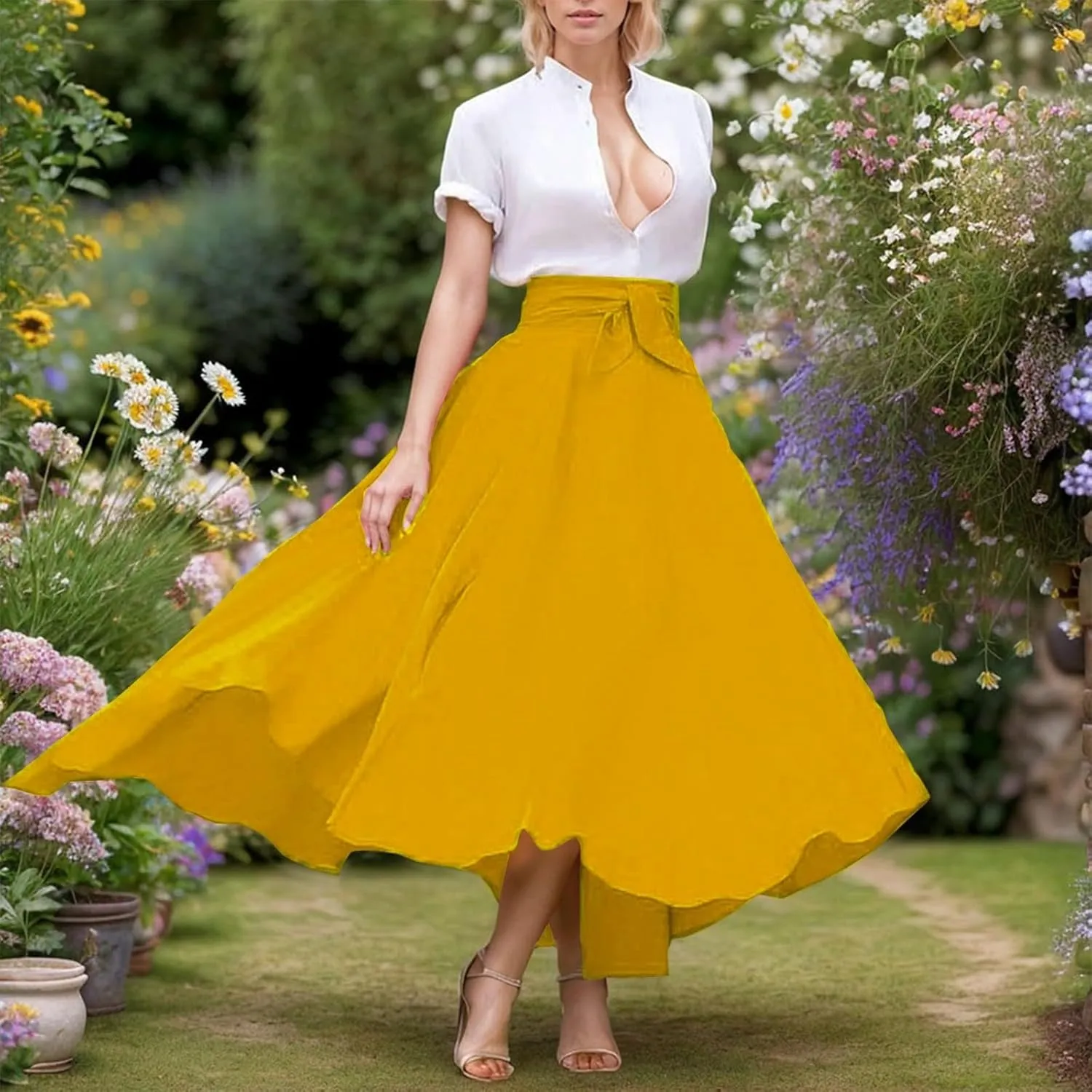 Elegant High Waist Skirt for Women Casual Bohemian Maxi Skirt with Pockets Asymmetrical Hem Womens Denim Skirts