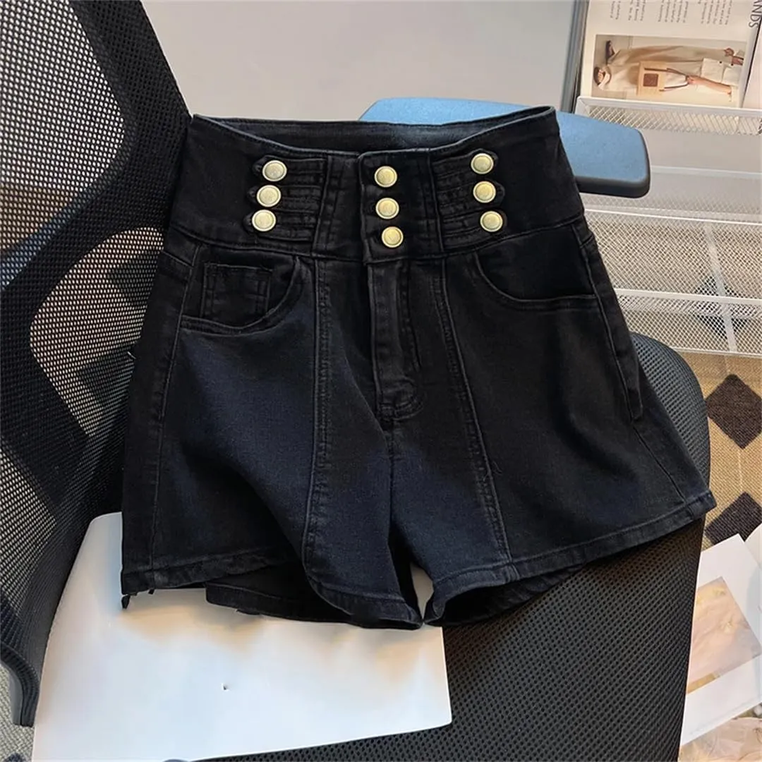 Elegant Three Breasted Denim Shorts Women Spring Summer High Waisted Wide Leg Jeans Fashion Double Pocket Slim Fit Shorts
