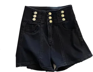 Elegant Three Breasted Denim Shorts Women Spring Summer High Waisted Wide Leg Jeans Fashion Double Pocket Slim Fit Shorts